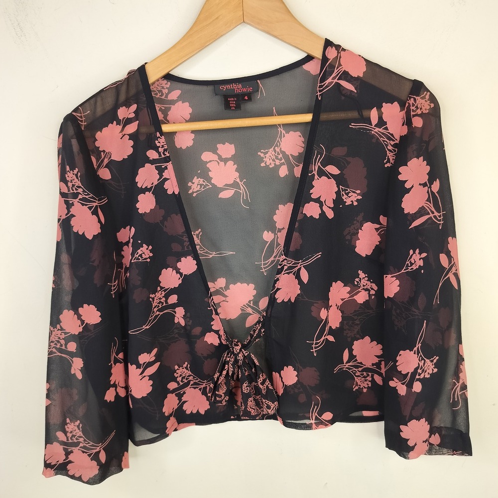 Cynthia Howie Silk Floral Blouse Top 4 Womens Sheer Tie Front Romantic Y2K